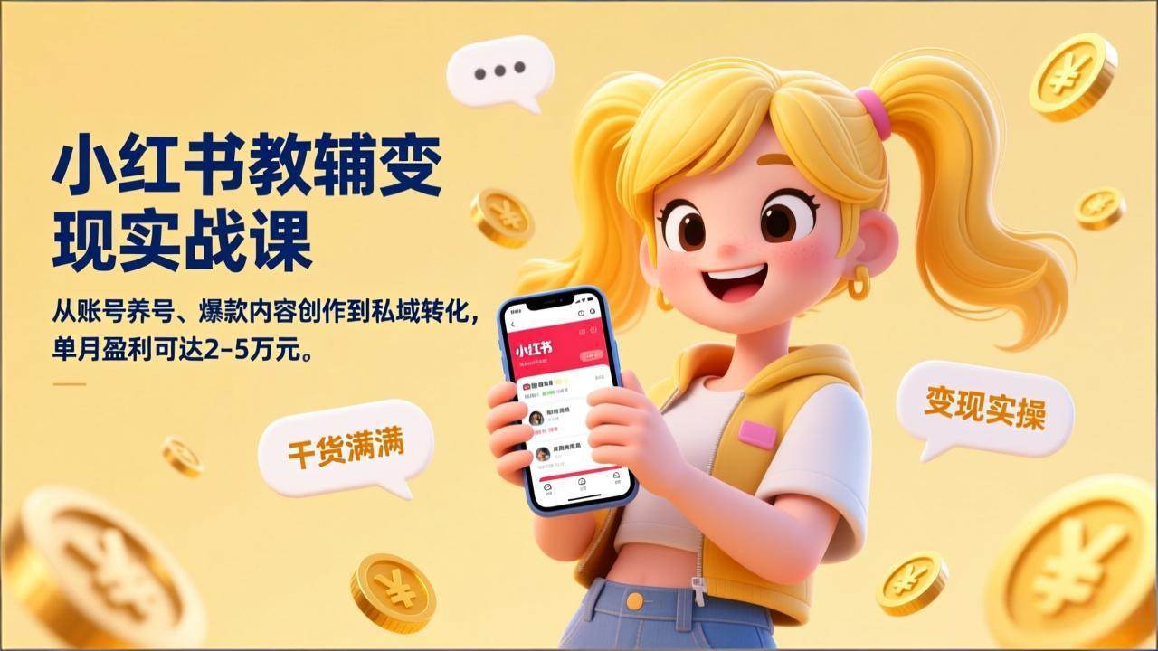 （17334期）小红书教辅变现实战课，从账号养号、爆款内容创作到私域转化，单月盈利可达2-5万元-淘秘副业
