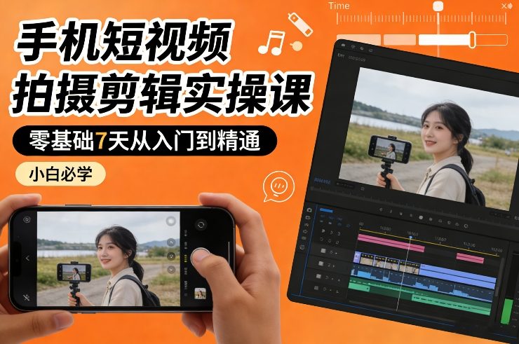 手机短视频拍摄剪辑实操课，零基础7天从入门到精通，小白必学-淘秘副业