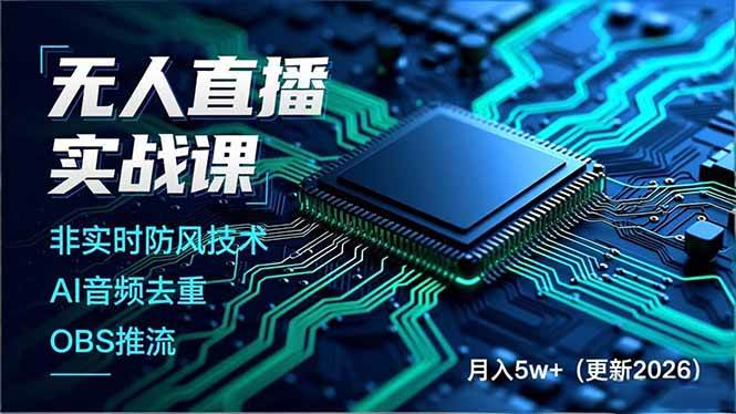 （17384期）无人直播实战课（更新2月），非实时防风技术、AI音频去重、OBS推流，建立技术壁垒，月入5w+-淘秘副业