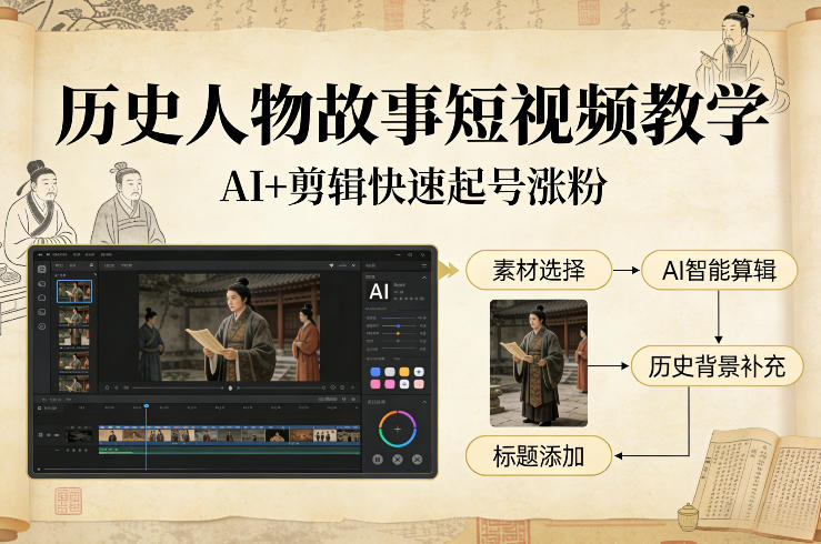 历史人物故事短视频教学，AI+剪辑制作历史人物题材短视频，快速起号涨粉-淘秘副业