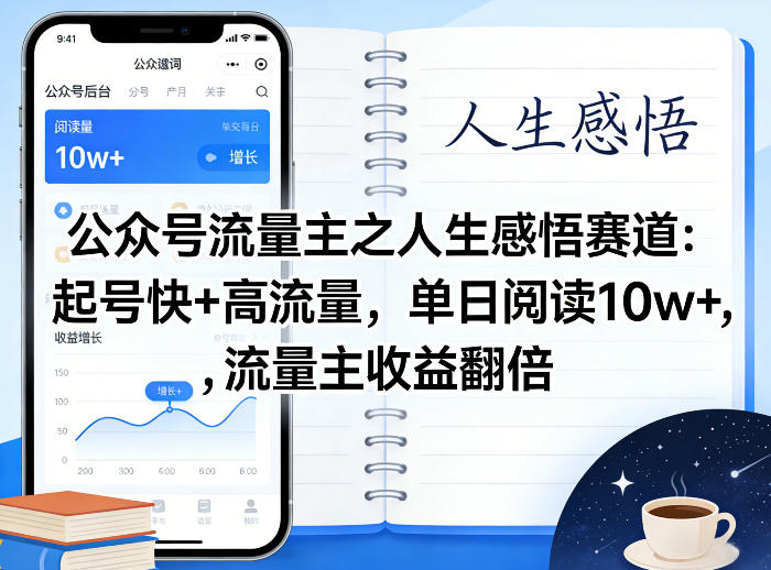 公众号流量主之人生感悟赛道，起号快+高流量，单日阅读10w+，流量主收益翻倍-淘秘副业