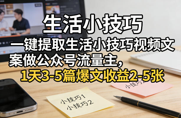 一键提取生活小技巧视频文案做公众号流量主，1天3-5篇爆文收益2-5张-淘秘副业