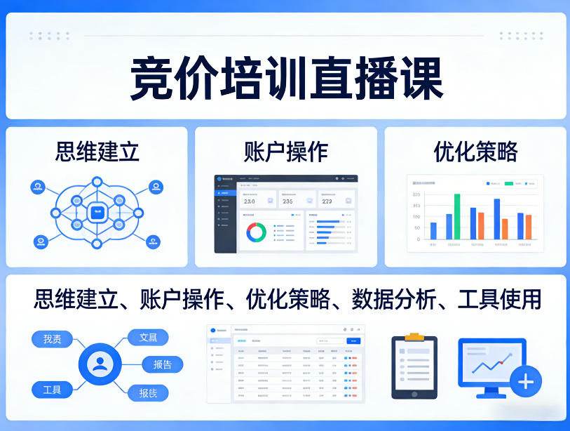 竞价培训直播课，覆盖思维建立、账户操作、优化策略、数据分析、工具使用等，全方位提升效果-淘秘副业