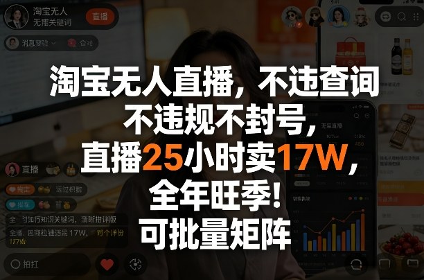 淘宝无人直播，不违规不封号，直播25小时卖17W，全年旺季！可批量矩阵【揭秘】-淘秘副业