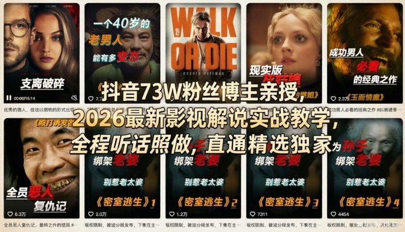 抖音73W粉丝博主亲授，2026最新影视解说实战教学，全程听话照做，直通精选独家-淘秘副业