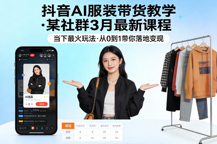 抖音AI服装带货教学，某社群3月最新课程，当下最火玩法，从0到1带你落地变现-淘秘副业