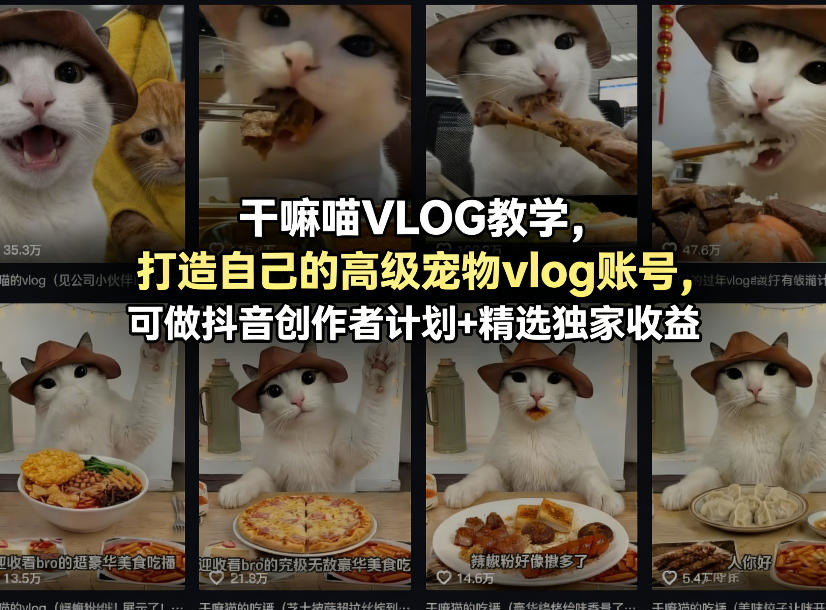 干嘛喵VLOG教学，打造自己的高级宠物vlog账号，可做抖音创作者计划+精选独家收益-淘秘副业