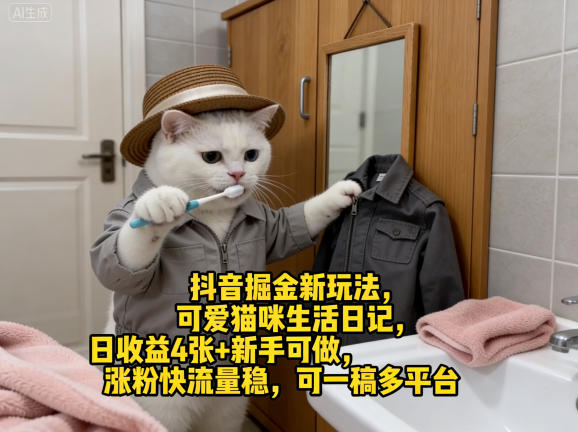 抖音掘金新玩法，可爱猫咪生活日记，日收益4张+新手可做，涨粉快流量稳，可一稿多平台-淘秘副业